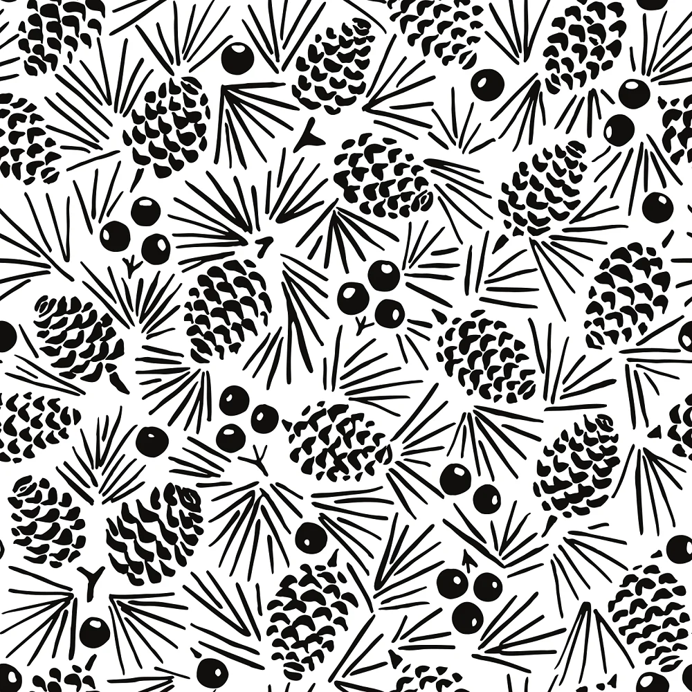 Pinecone & Berries Fabric - Black/White