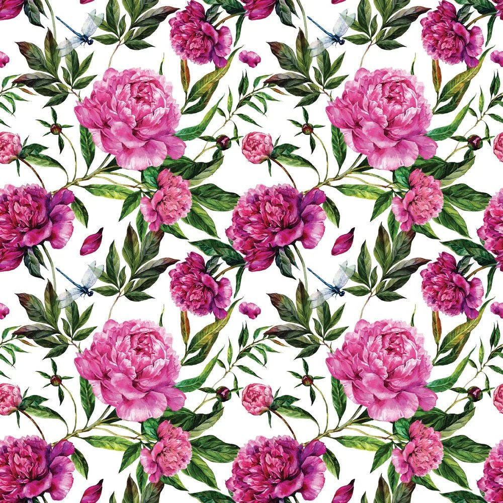 Pink Peonies Bouquet and Dragonflies Fabric