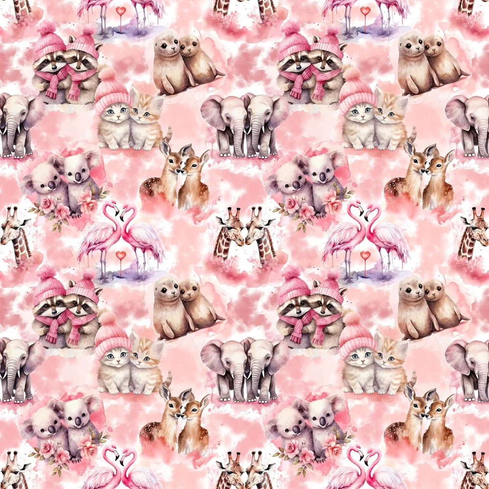 Pink Winter Coupled Animals Fabric