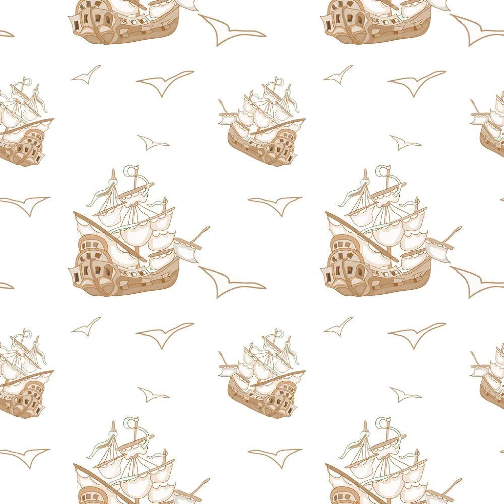 Pirate Adventure Ship Fabric - White