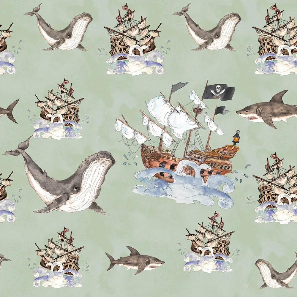 Pirate Adventure Ship On the Sea Fabric - Antique Green