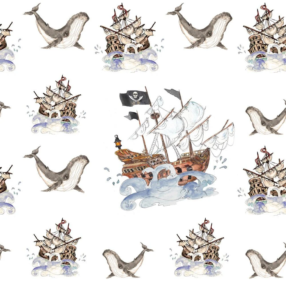 Pirate Adventure Ship On the Sea Fabric - White