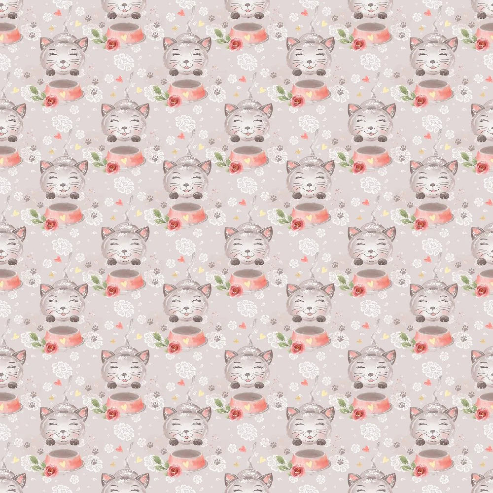 Playful Cat with Flowers Fabric - Grey