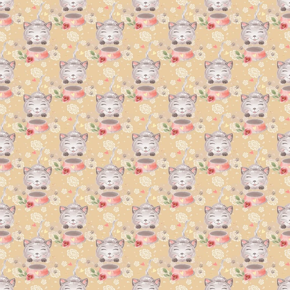 Playful Cat with Flowers Fabric - Yellow