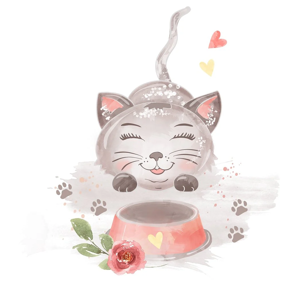 Playful Cat with Food Dish Fabric Panel