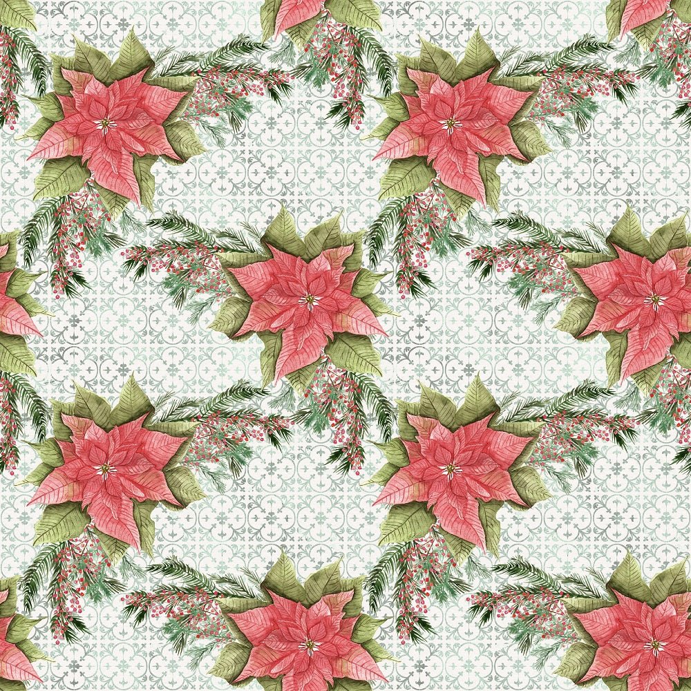 Poinsettia Berries Fabric - White