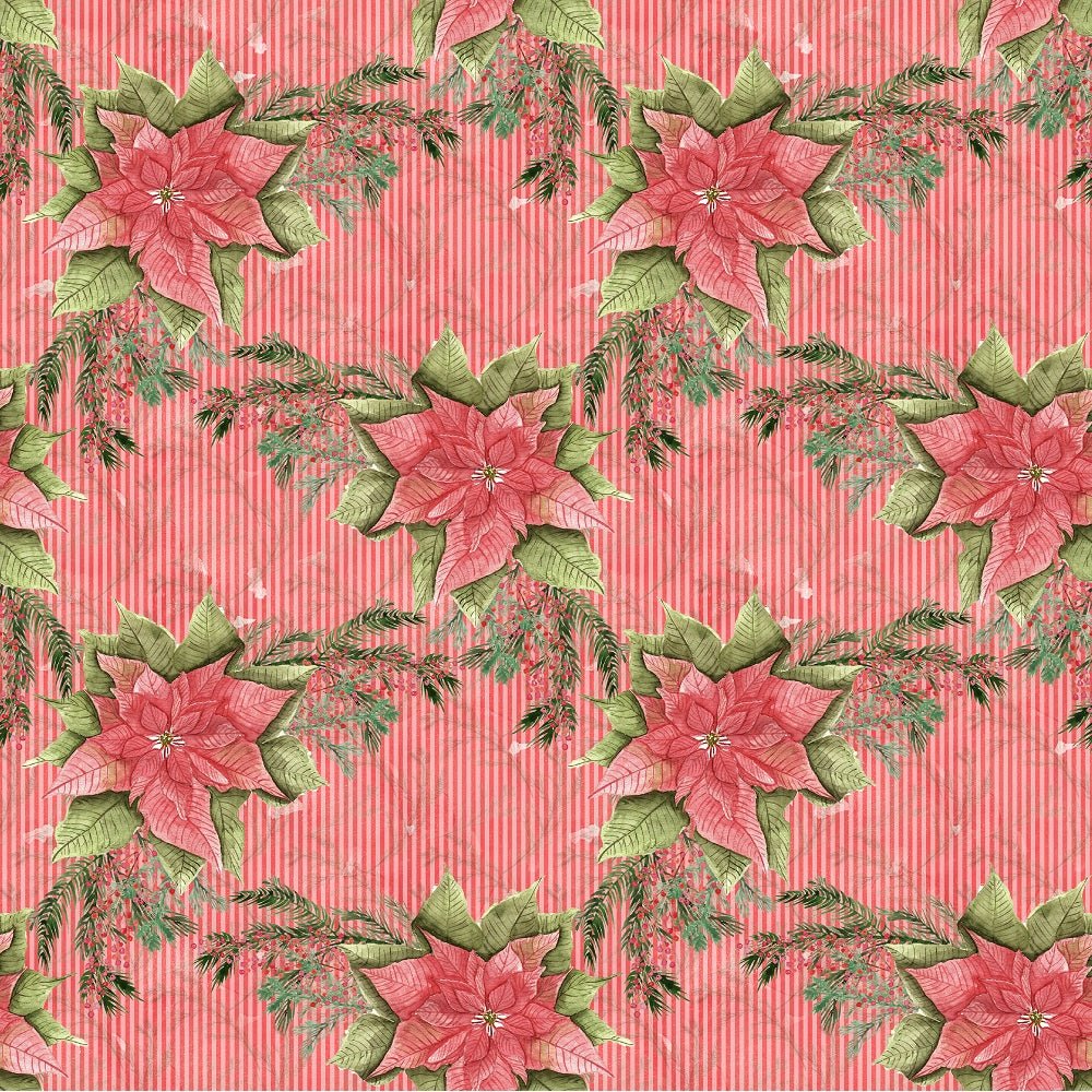 Poinsettia Berries on Stripes Fabric - Red