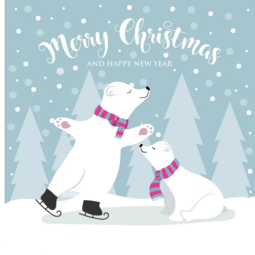 Polar Bear Season Greetings Fabric Panel - Blue