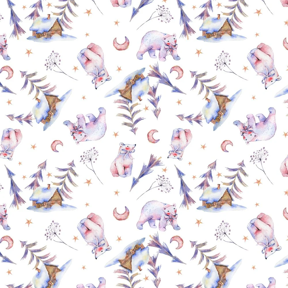 Polar Bears Strolling Through The Magical Forest Fabric - White