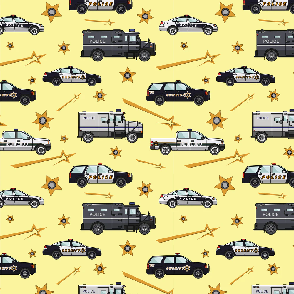 Police Badge and Police Vehicles Fabric - Yellow