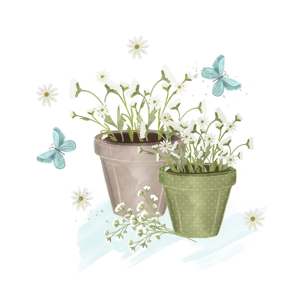 Potted Daisies & Butterflies Fabric Panel