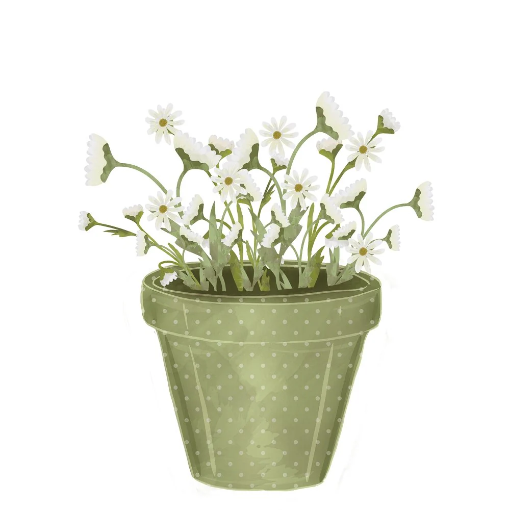 Potted Daisies Fabric Panel - Green