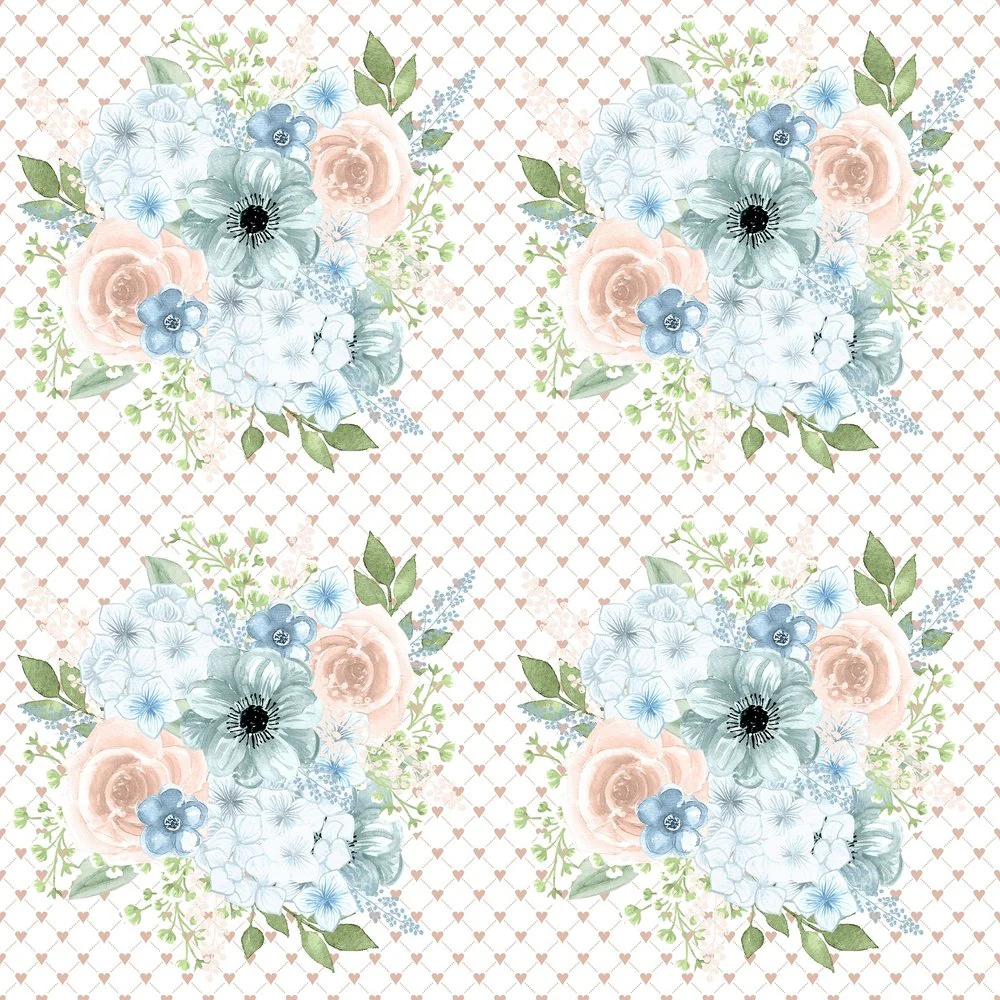 Powder Blue Bouquets on Hearts Fabric