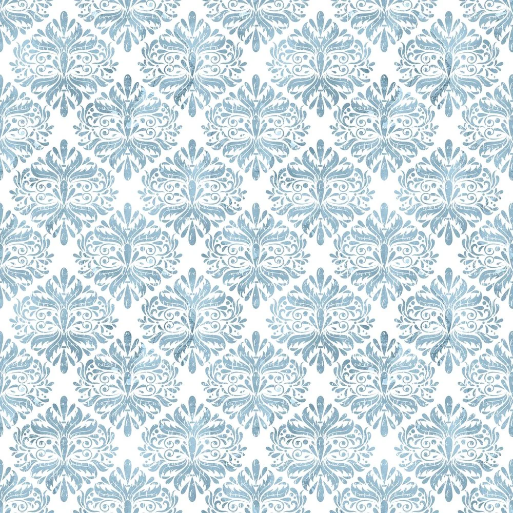 Powder Blue Damask on White Fabric