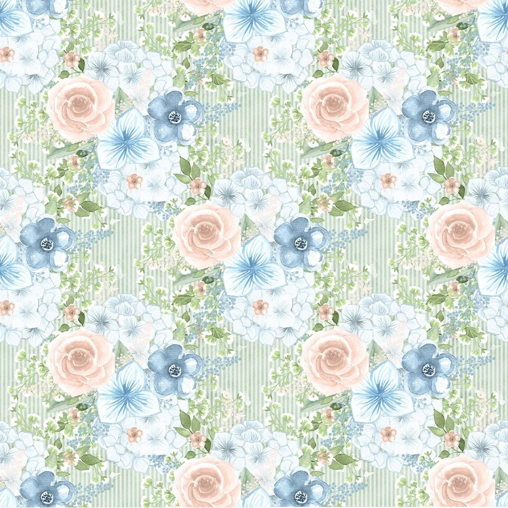 Powder Blue Flowers on Green Stripes Fabric