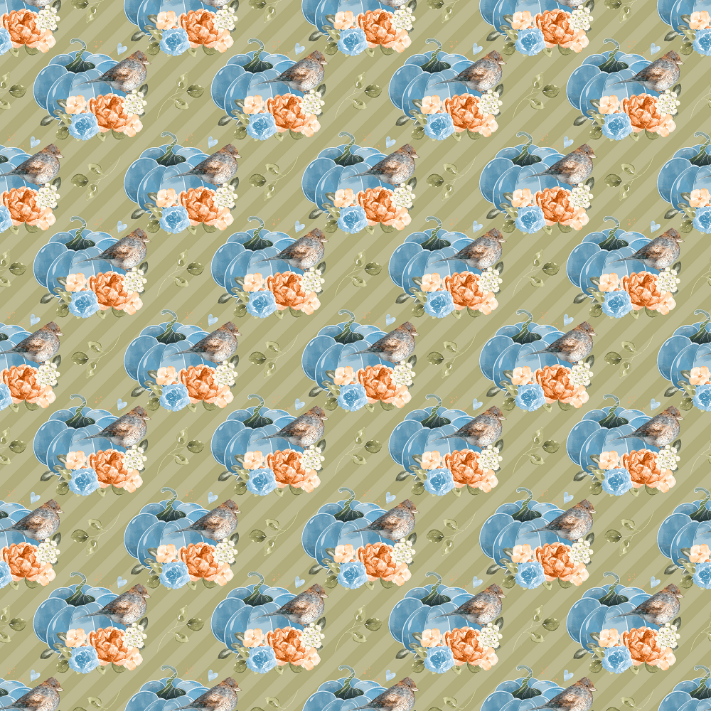 Pumpkin & Birds Striped Fabric - Green