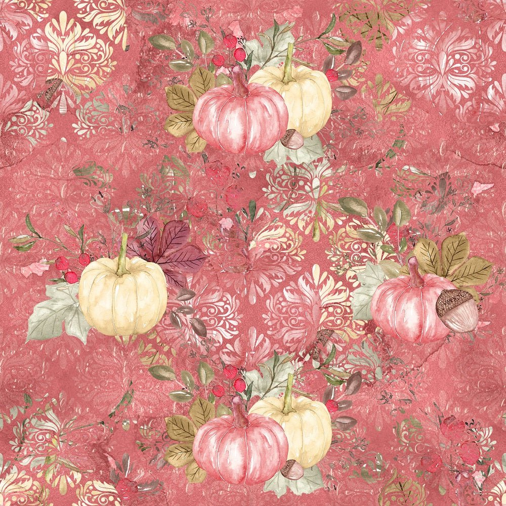 Pumpkin Paradise On Damask Fabric