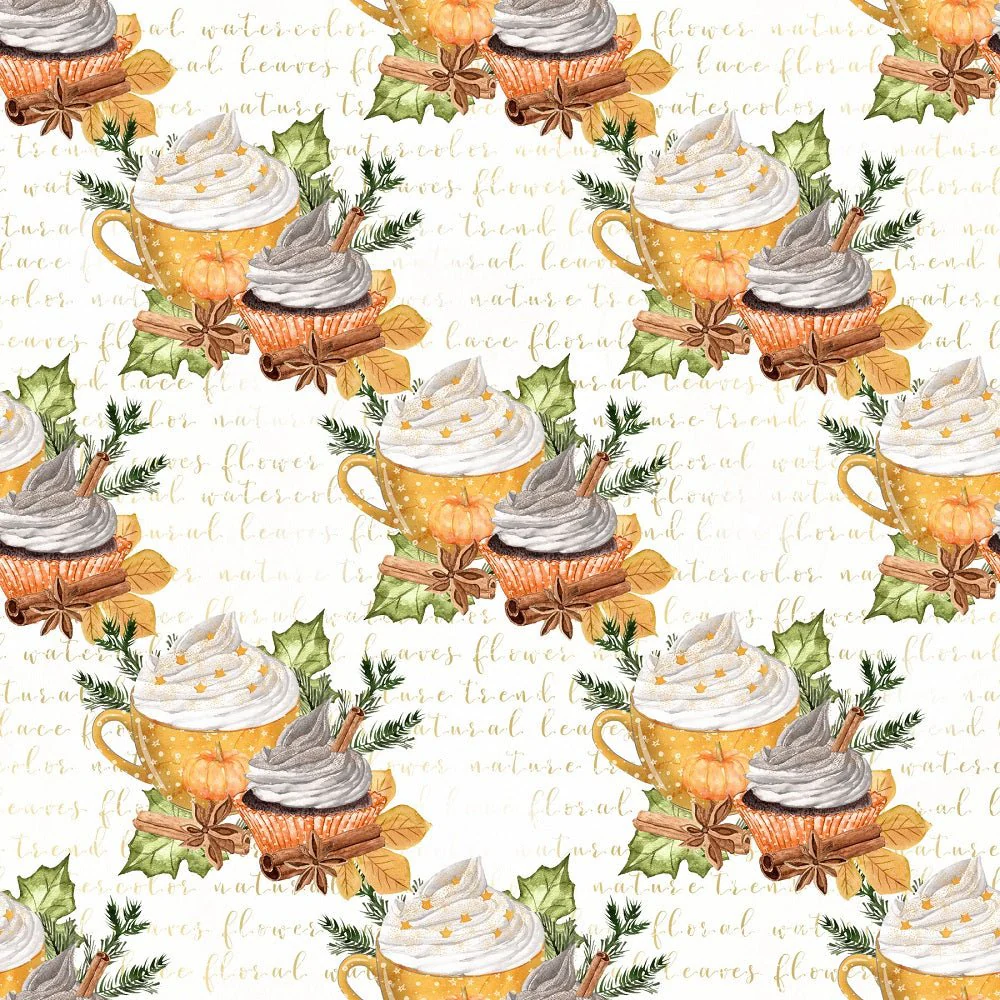 Pumpkin Spice Latte Cupcake on Words Fabric - White
