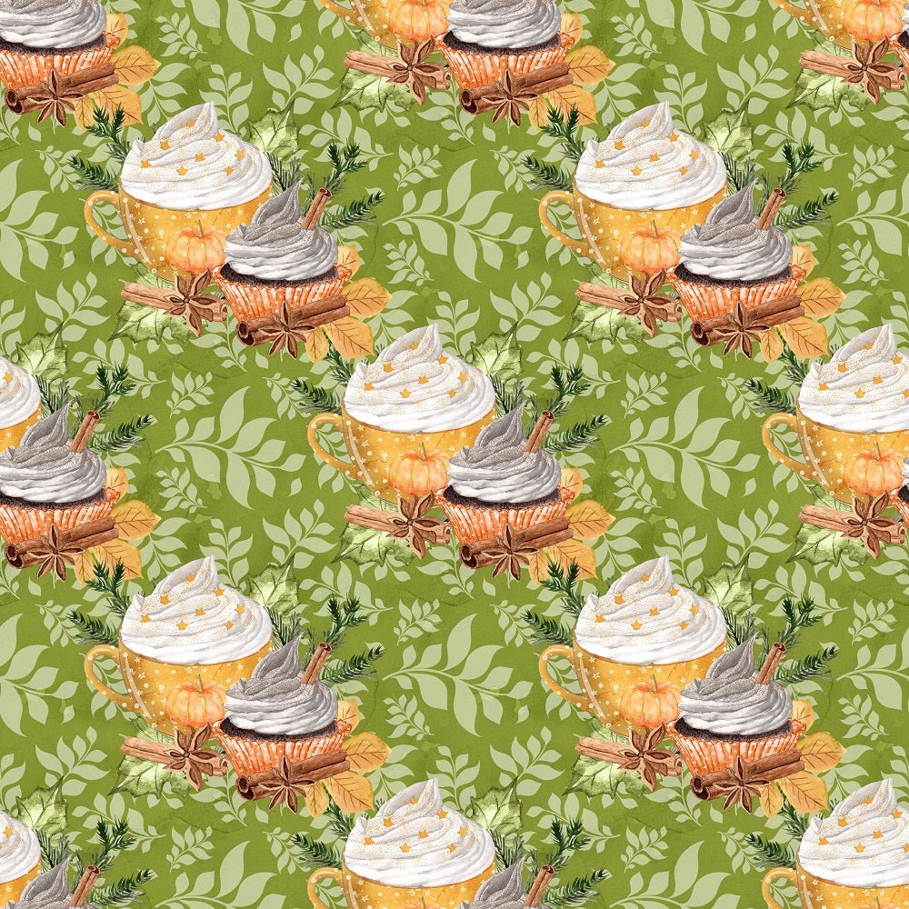 Pumpkin Spice Latte on Leaves Fabric - Green