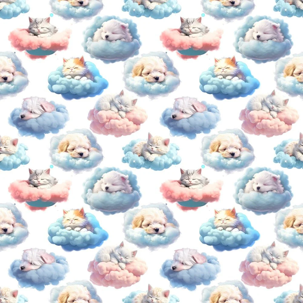 Puppies & Kittens Sleeping On Clouds Fabric