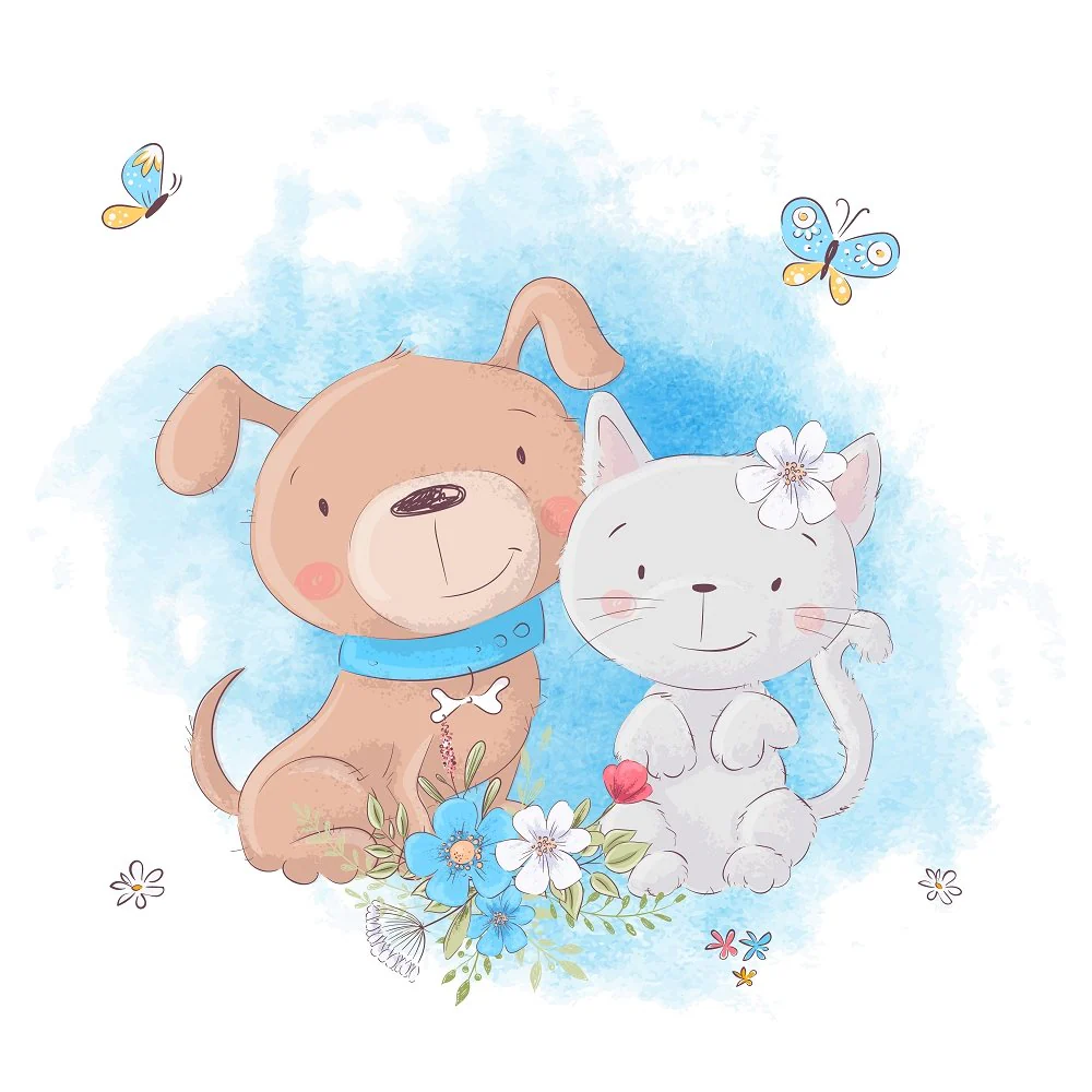 Puppy & Kitten With Bouquet Fabric Panel