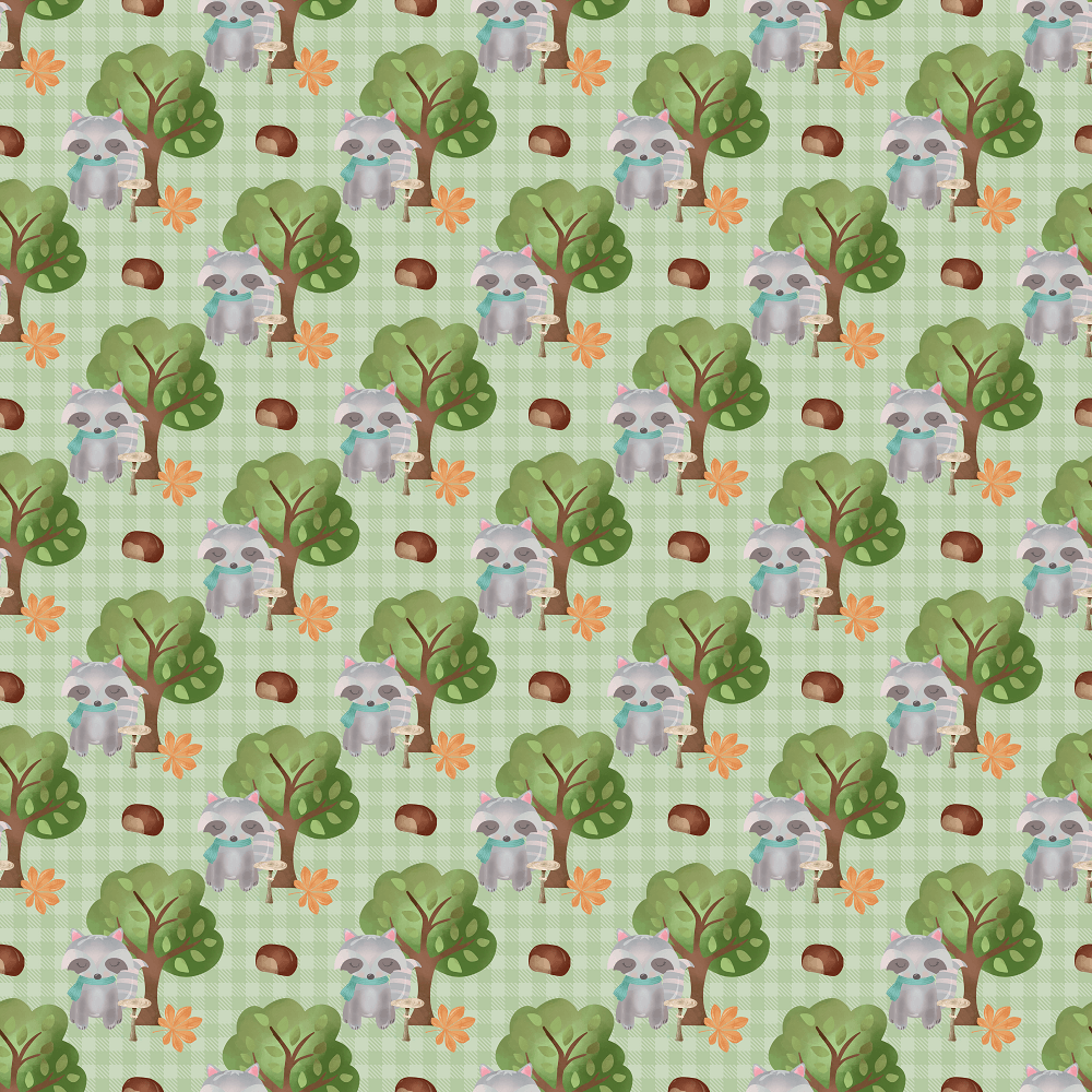 Raccoons In The Forest Fabric - Green