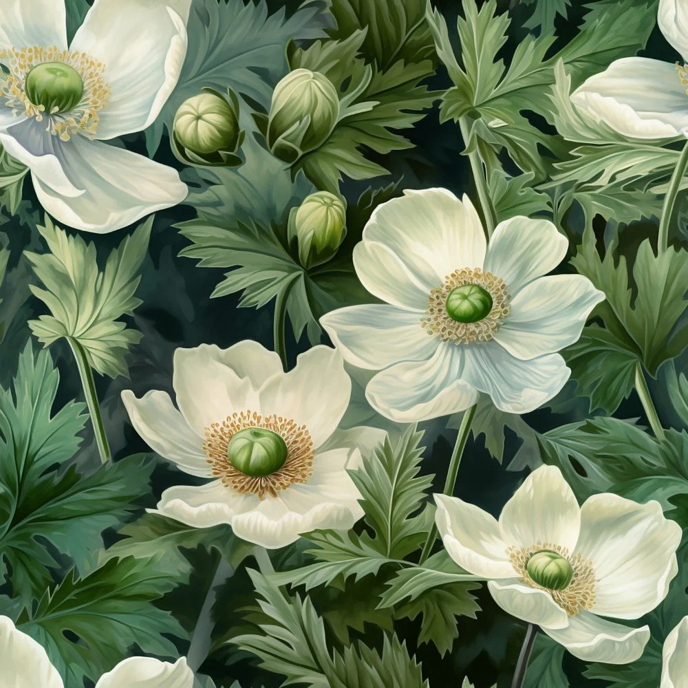 Realistic Anemone Flowers Fabric