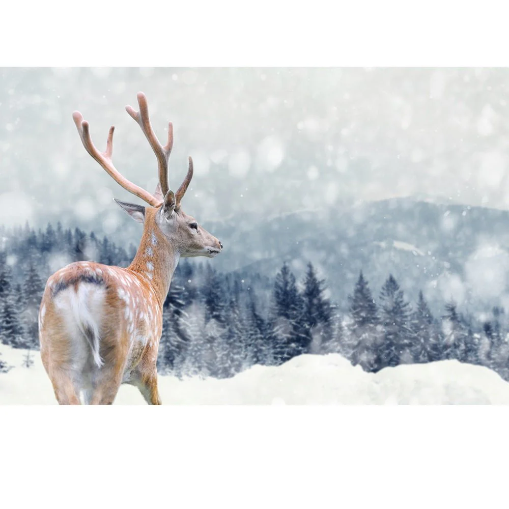 Realistic Deer Snowy Mountains Fabric Panel
