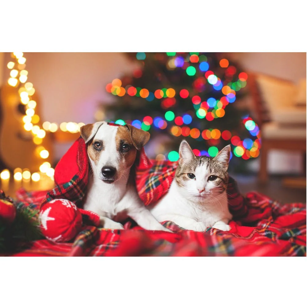 Realistic Dog and Cat Near Christmas Tree Fabric Panel