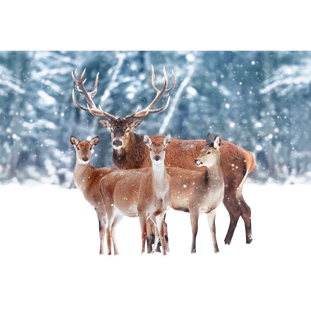 Realistic Heard of Deer Winter Scene Fabric Panel