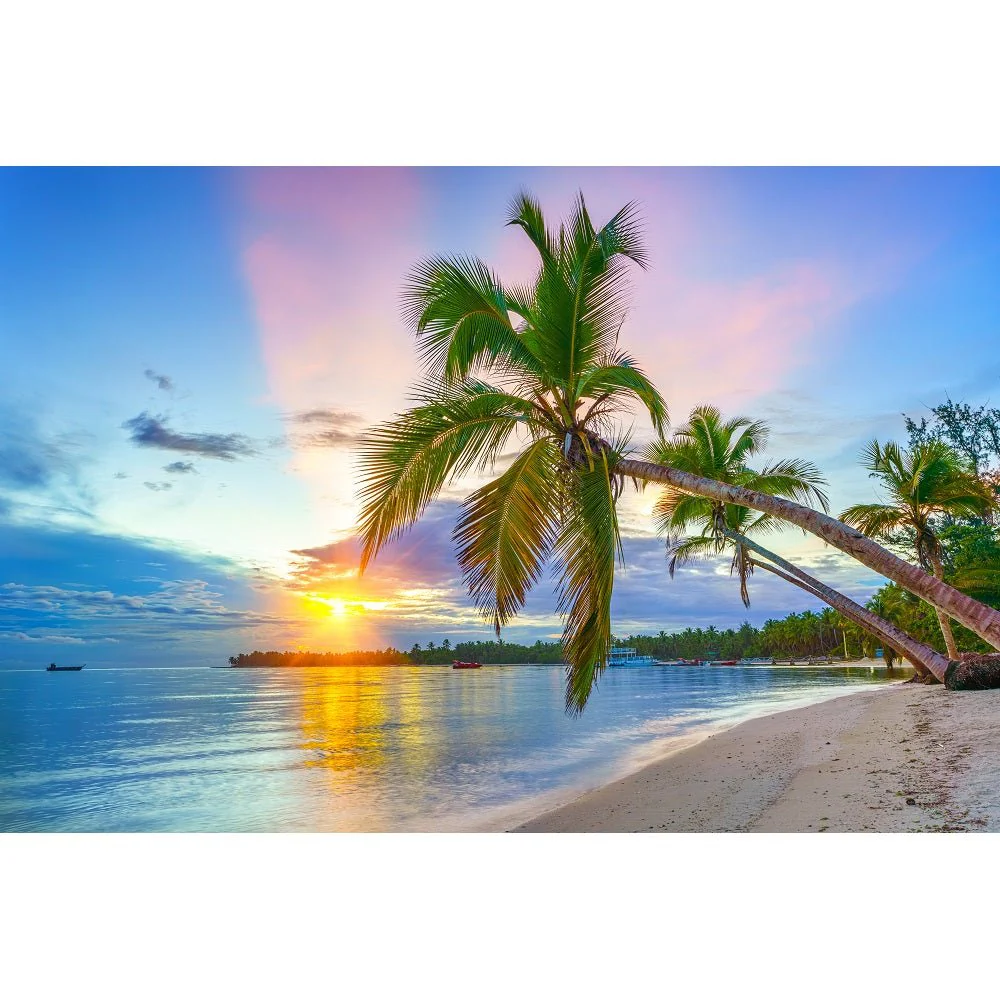 Realistic Tropical Beach Sunrise Fabric Panel