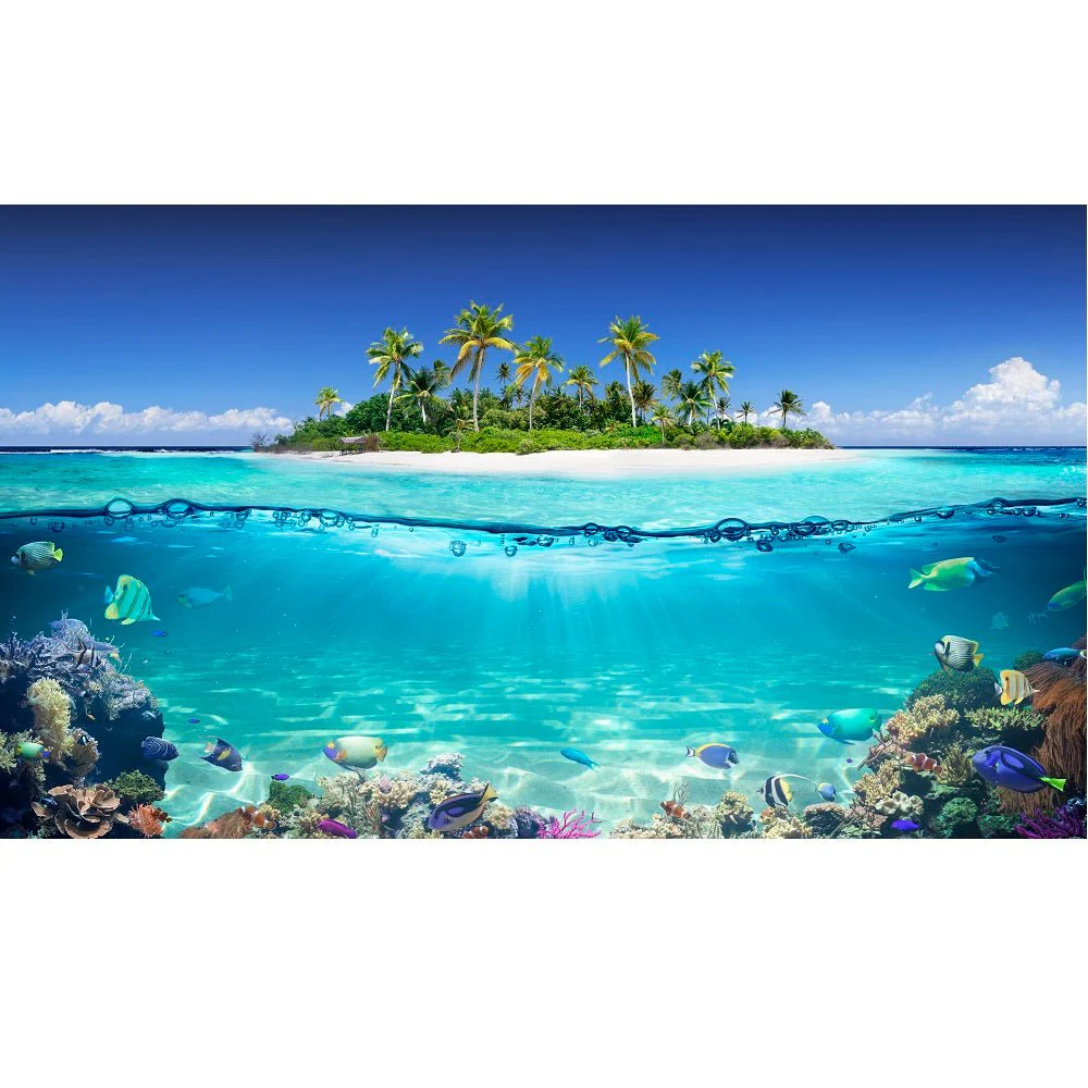 Realistic Tropical Island And Coral Reef Fabric Panel