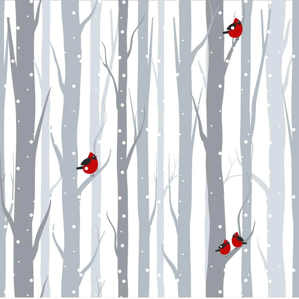 Red Birds on Snowy Birch Trees Fabric