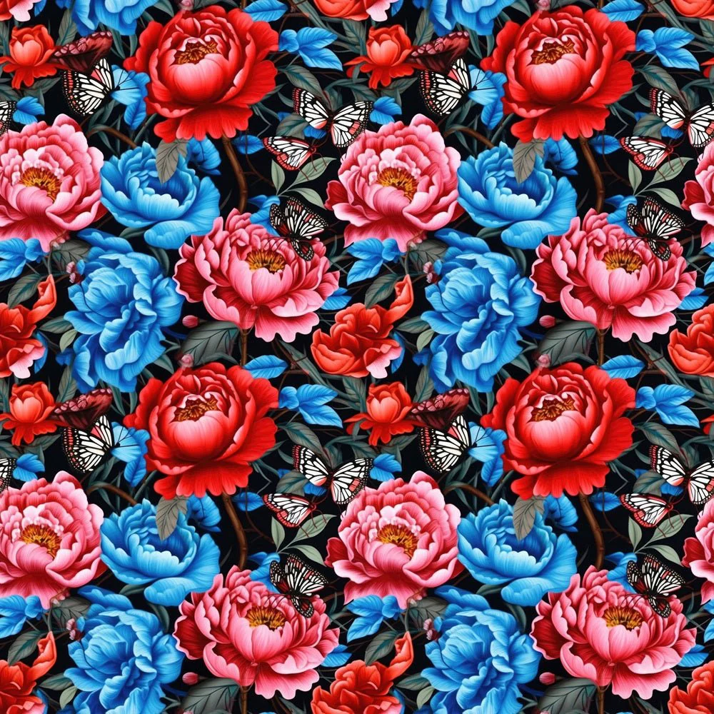 Red & Blue Floral Butterfly Fabric