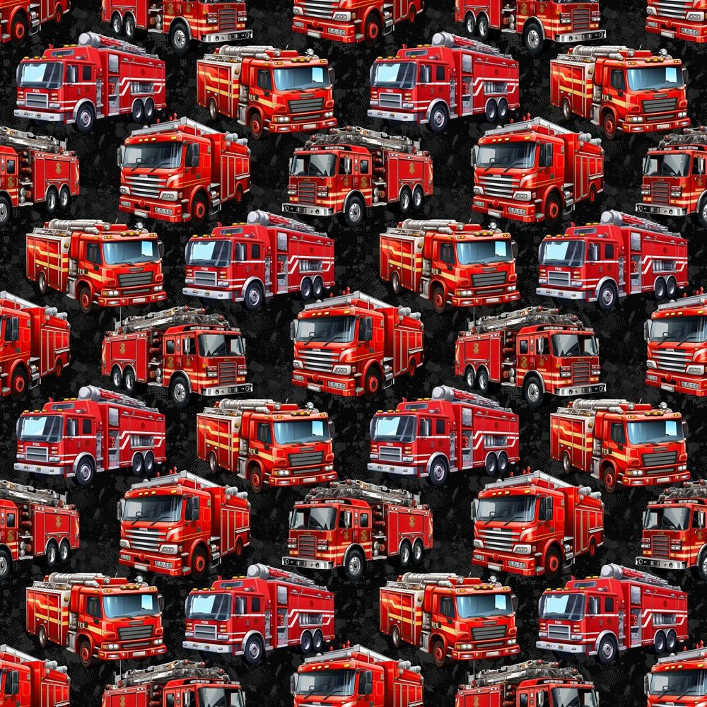 Red Fire Truck Fabric - Black