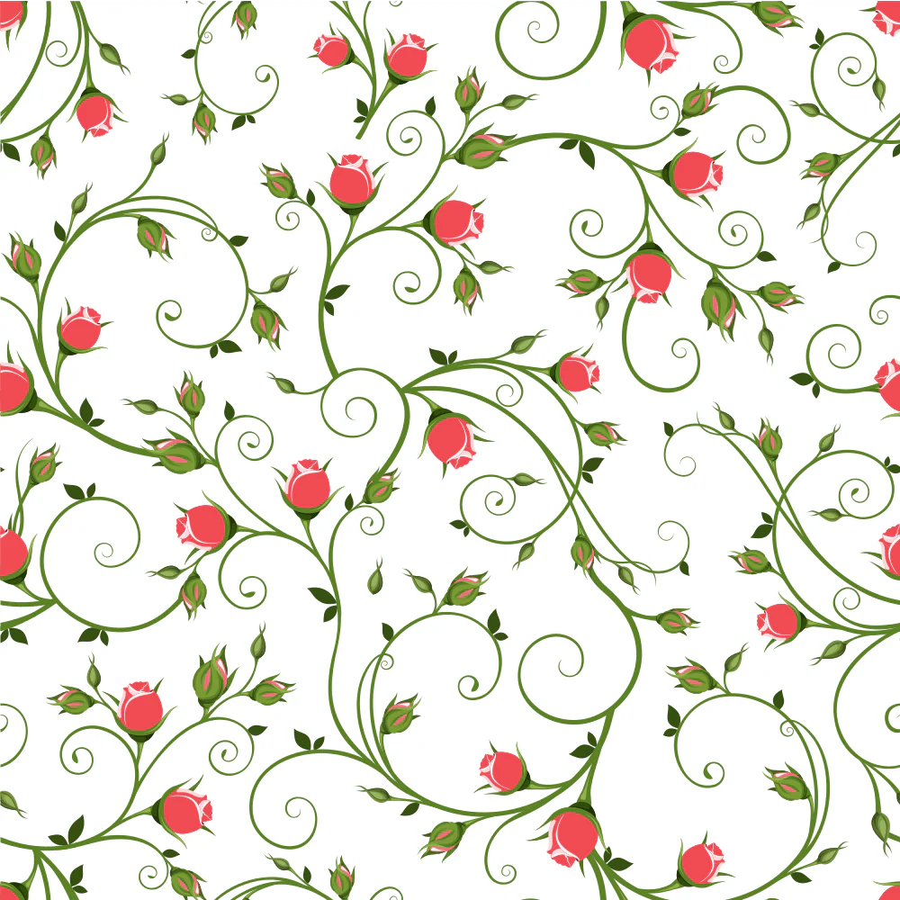 Red Rosebuds on Vines Fabric - White