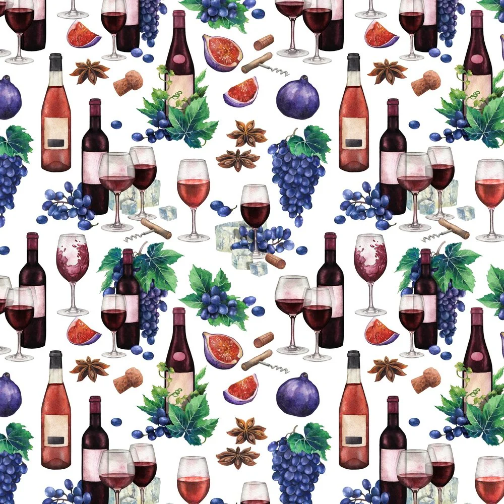 Red Wine With Fruits And Cheese Fabric - White