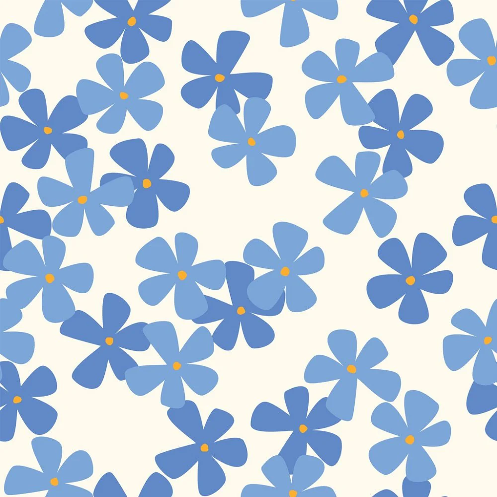 Retro Botanical Floral Fabric - Blue/Tan