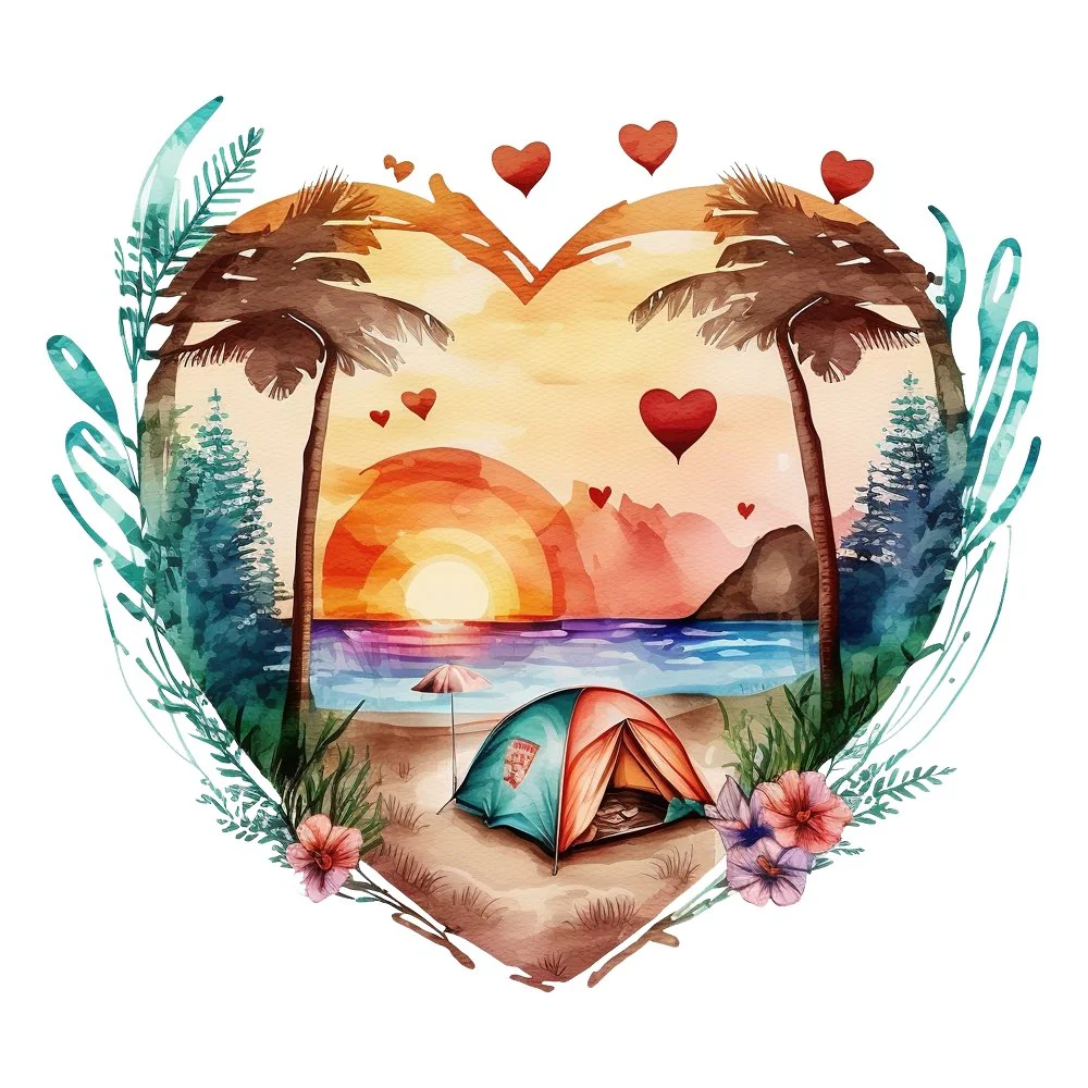 Retro Camping Beach Heart #2 Fabric Panel