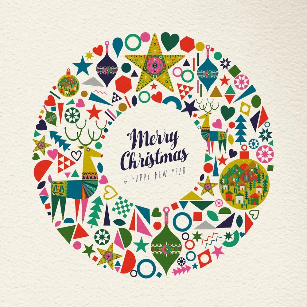 Retro Christmas Wreath Fabric Panel - Multi