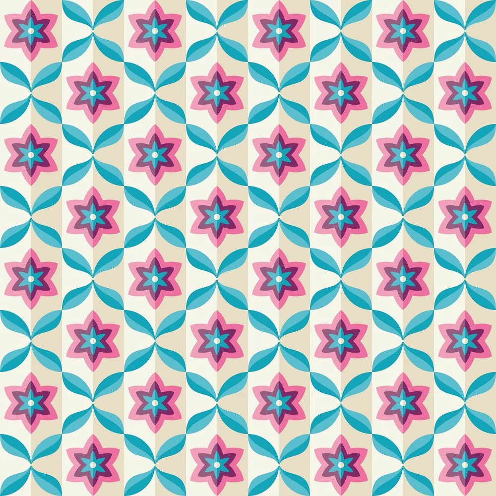Retro Flowers and Leaves Fabric - Tan/Blue