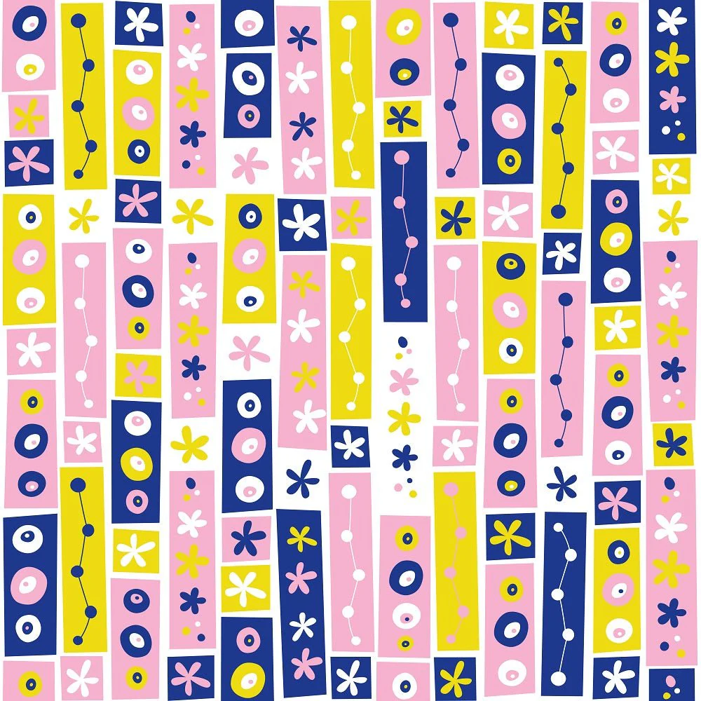 Retro Flowers Collage Fabric - Pink