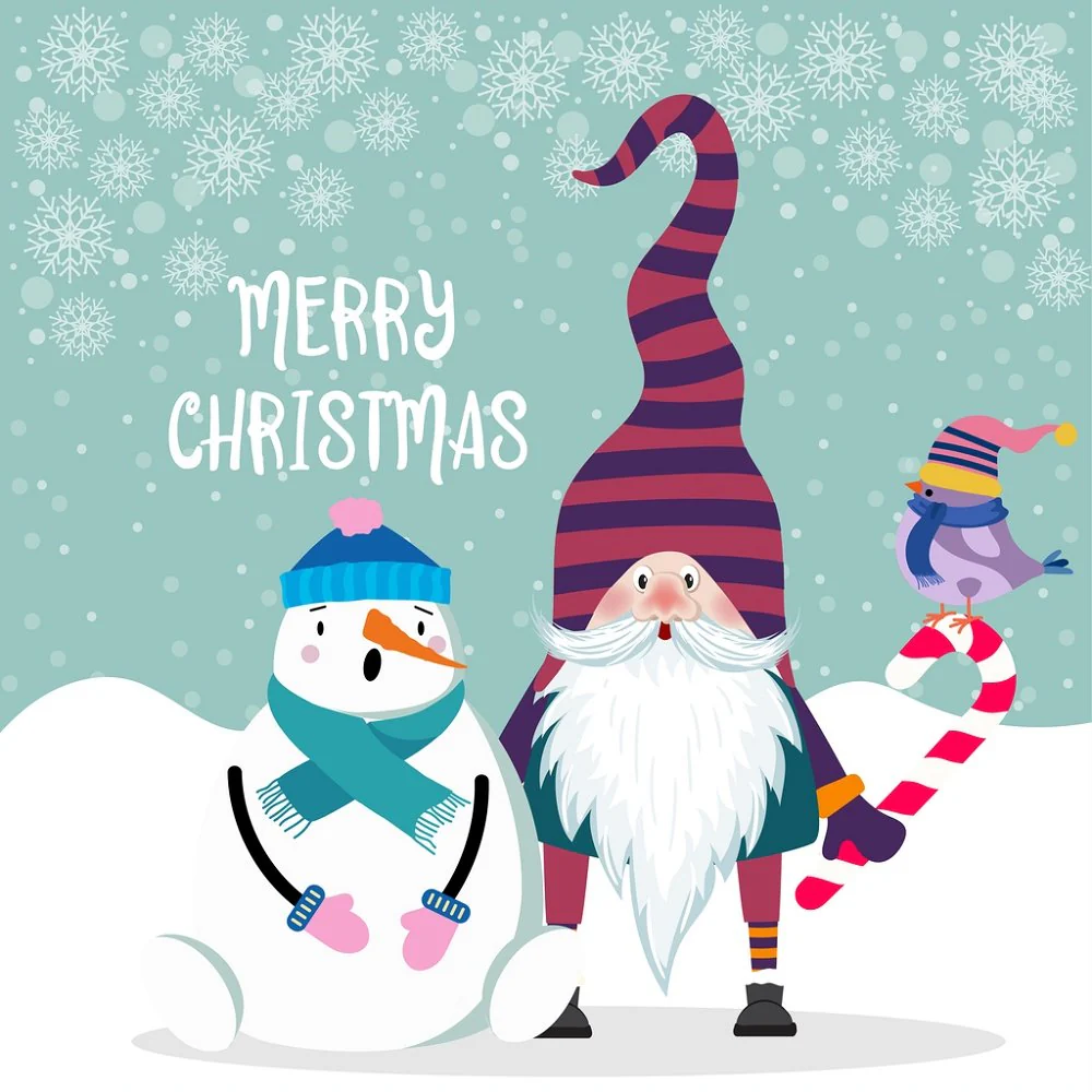 Retro Gnome  & Snowman Fabric Panel - Blue