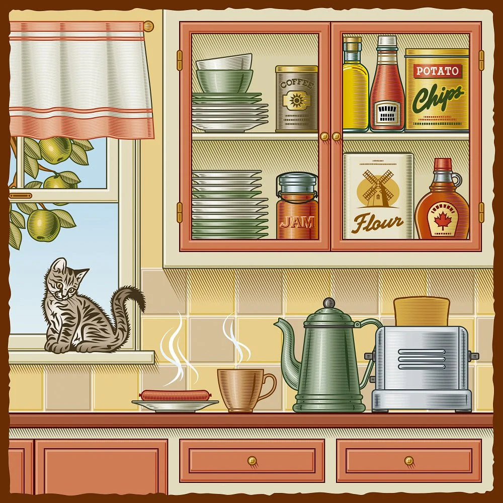 Retro Kitchen Scene Fabric Panel