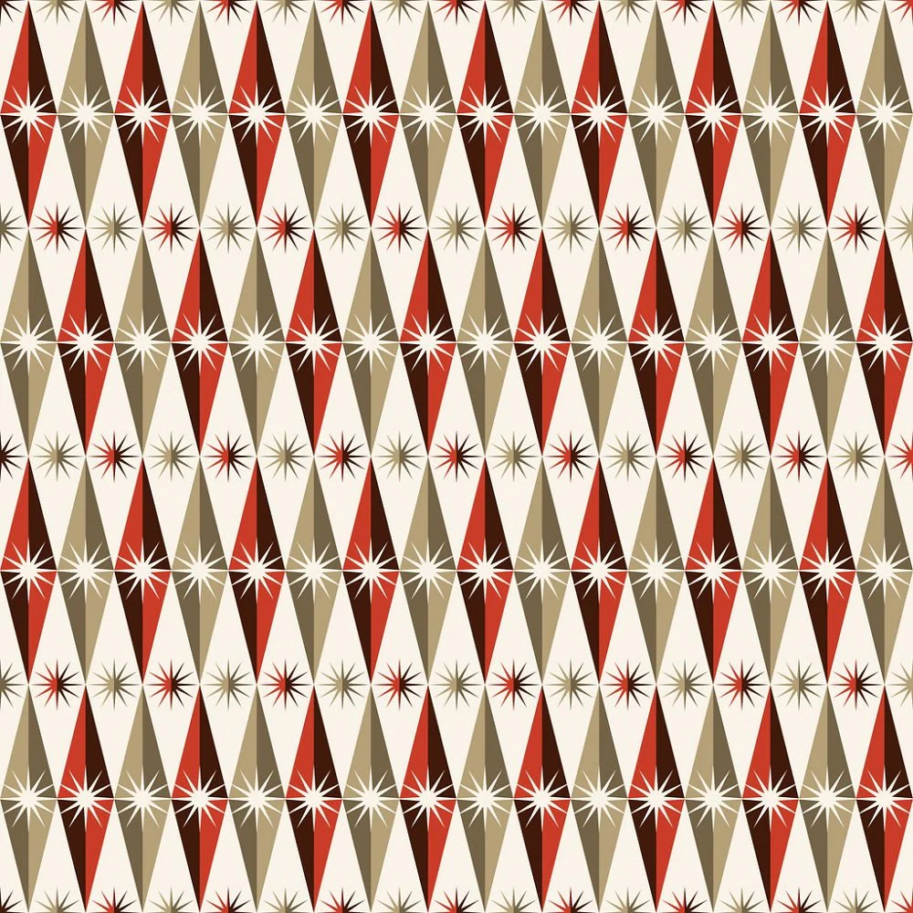 Retro Rhombus Shapes and Stars Fabric - Gold/Red