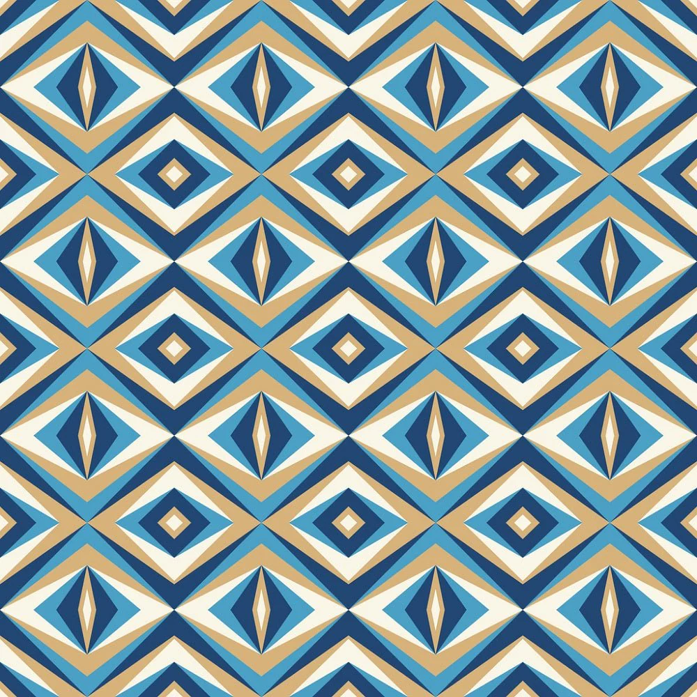 Retro Rhombus Shapes Fabric - Tan/Blue