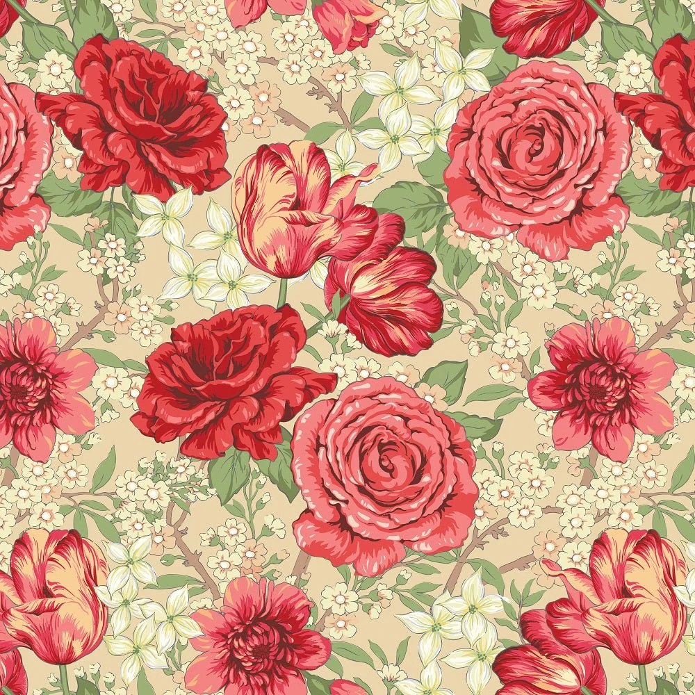Retro Rose and Tulip Fabric - Tan