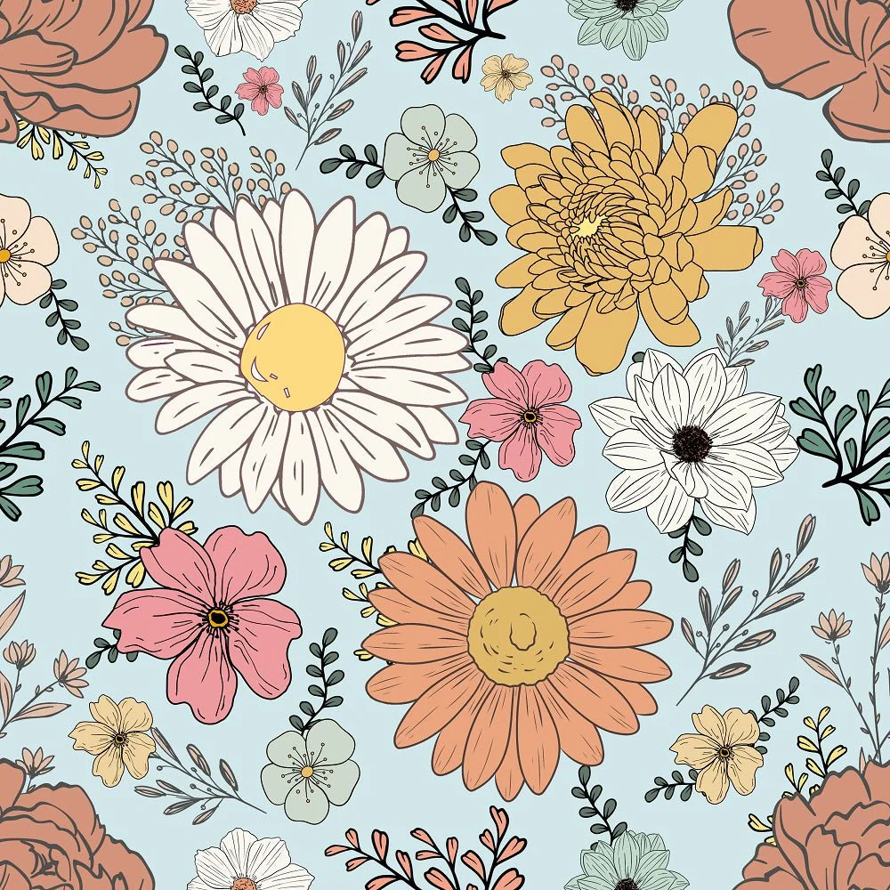 Retro Spring Floral Fabric - Blue