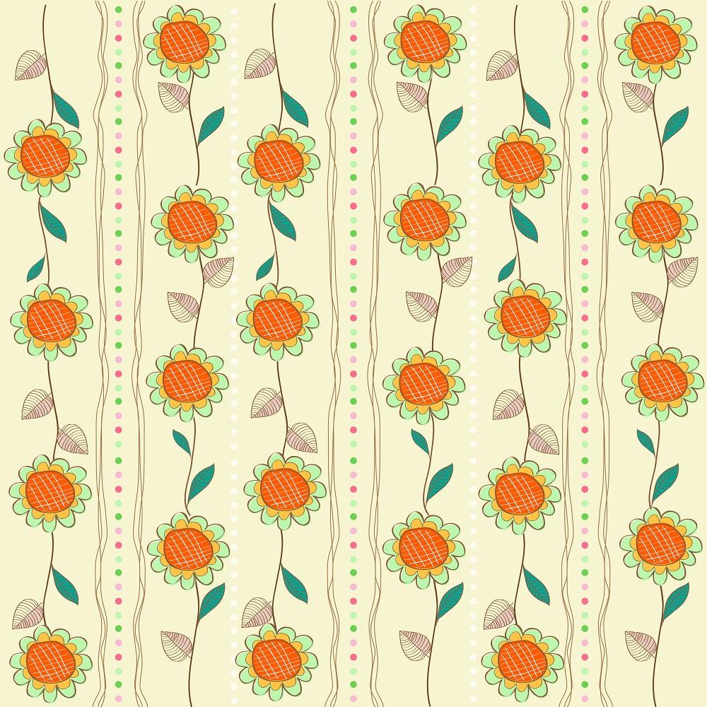 Retro Sunflowers & Dots Fabric - Tan