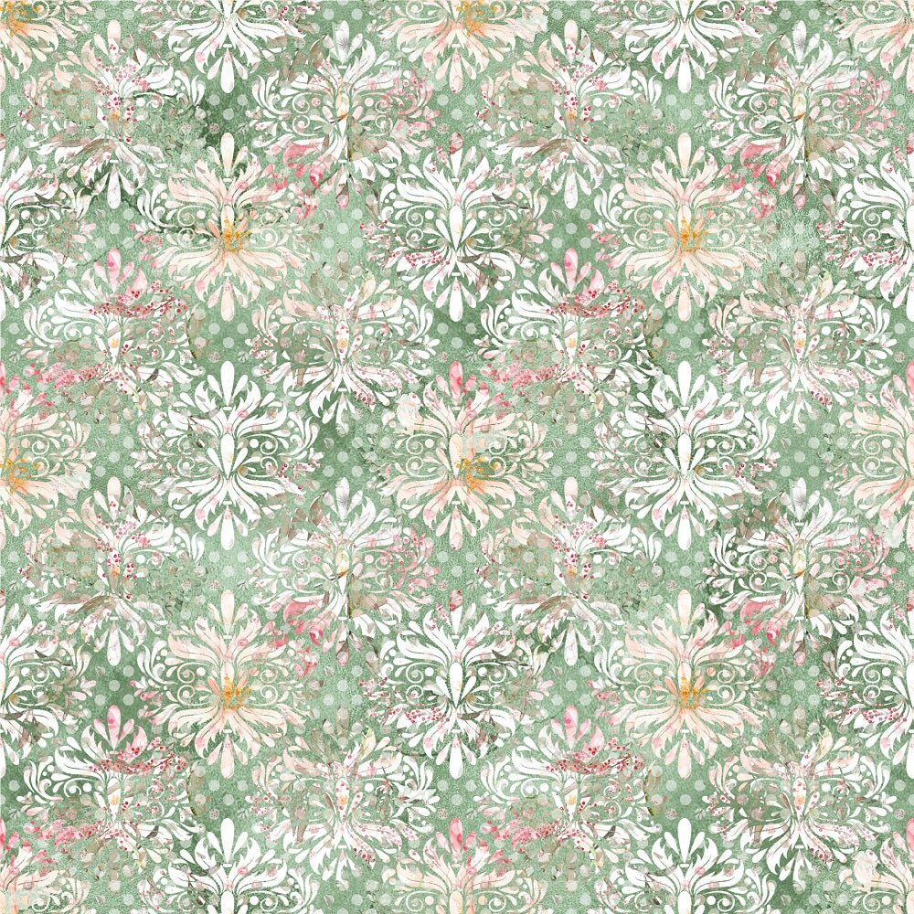 Romantic Bouquets Damask on Dots Fabric - Green